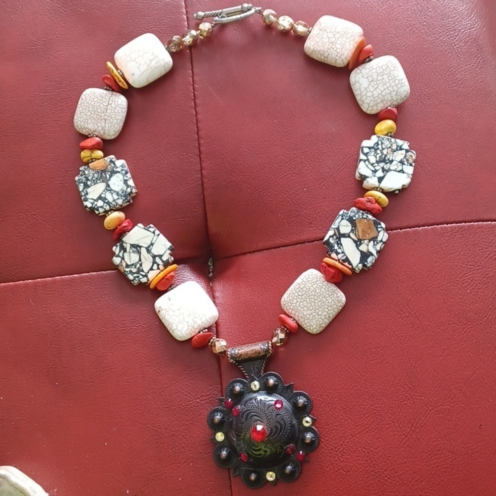 Trigg Leather Heavy Howlite Concho Necklace ( concho is changeable!)  17.5"